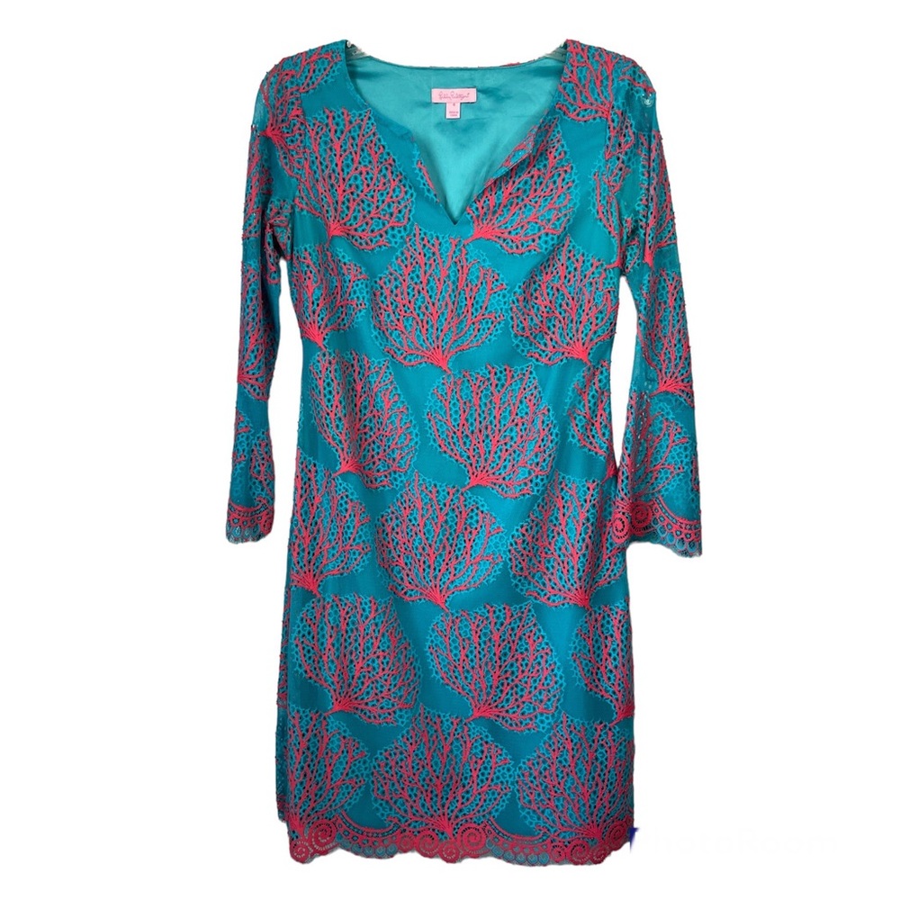 Lilly Pulitzer wendy dress size 4 split V-neck snorkel blue pink coral mesh lace